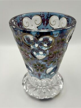 Antique Bohemian Glass Vase Enamel Painted Flowers 5.5" Tall